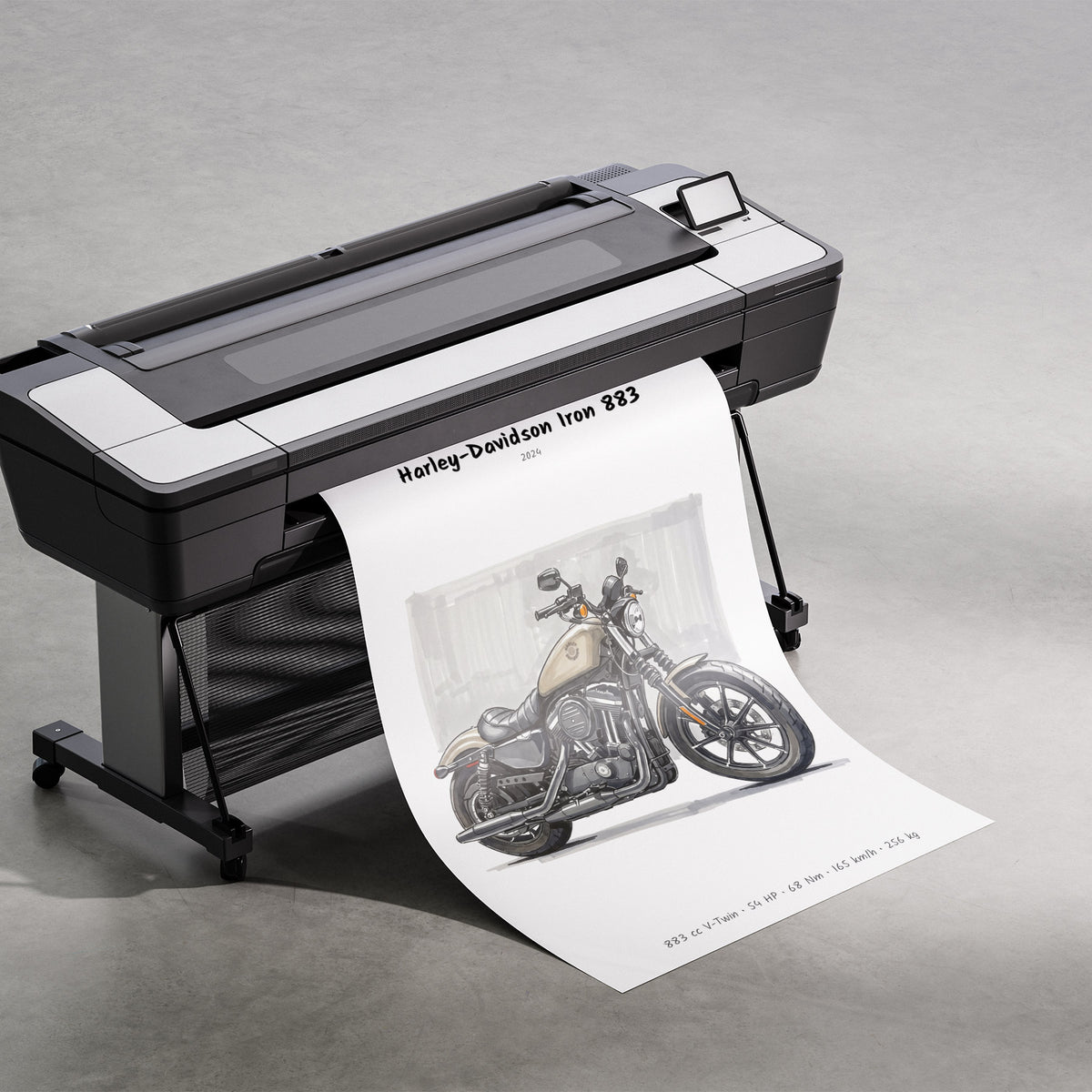 A large black and white wide-format printer on a stand, printing a detailed grayscale motorcycle illustration labeled 'Harley-Davidson Iron 883' onto a long sheet of paper.