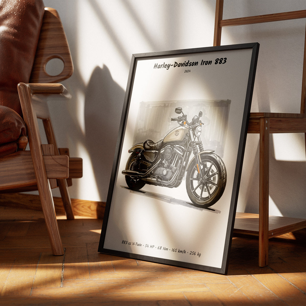 A framed art print of a Harley-Davidson Iron 883 motorcycle, leaning against a wooden chair in a modern room with warm sunlight and shadows.