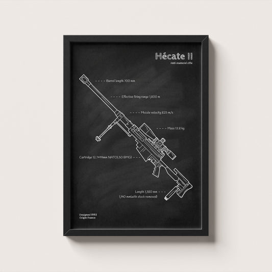 Framed Hecate 2 sniper rifle blueprint poster - minimalist firearm wall art hanging on wall