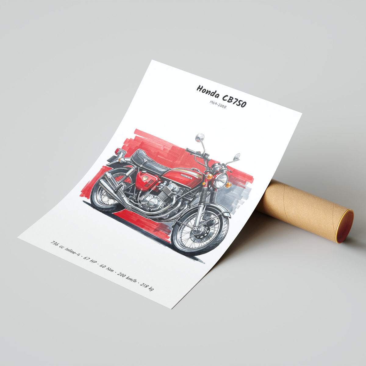 A printed motorcycle poster showing a red and black Honda CB750, displayed on a light gray surface next to a brown cardboard mailing tube. The poster includes technical specifications printed in black text.