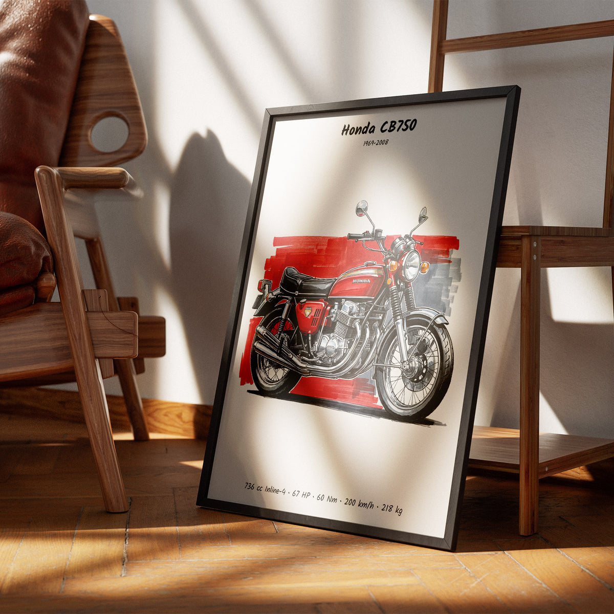 A framed art print of a vintage red Honda CB750 motorcycle leaning against a wooden chair in a sunlit room.