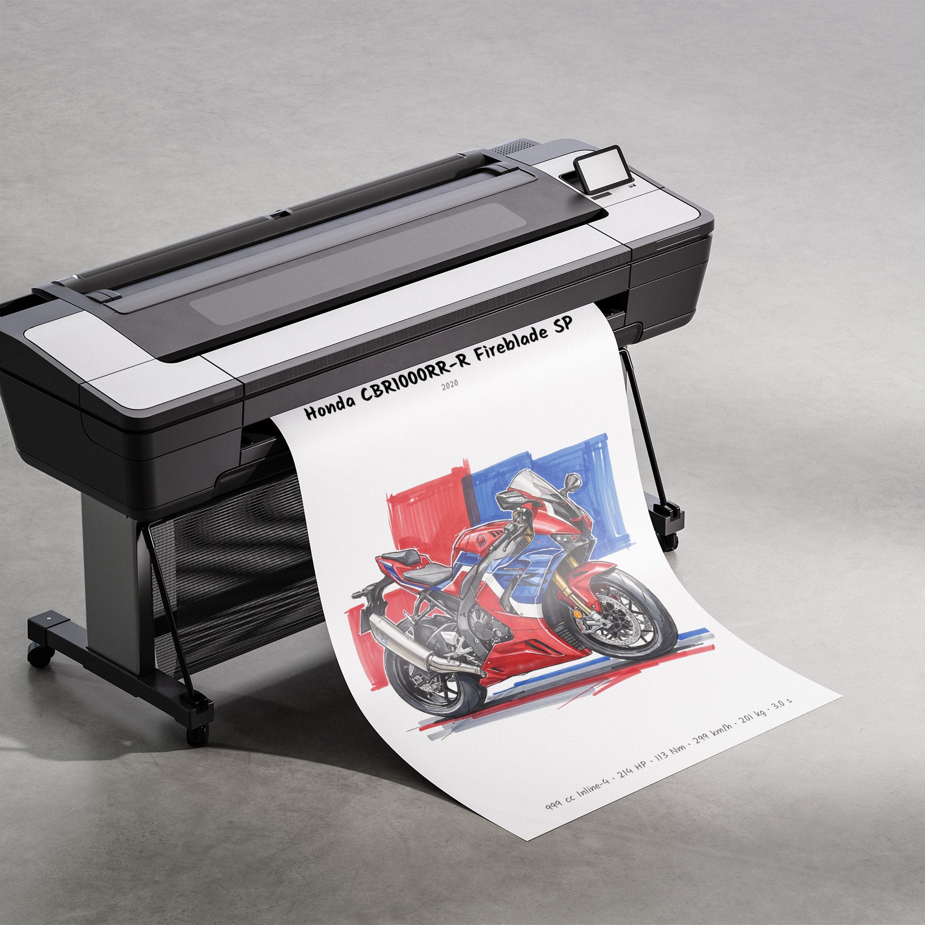 A large black and white industrial printer on a stand, printing a detailed motorcycle illustration labeled 'Honda CBR1000RR-R Fireblade SP' onto a long sheet of paper, set against a gray concrete floor.
