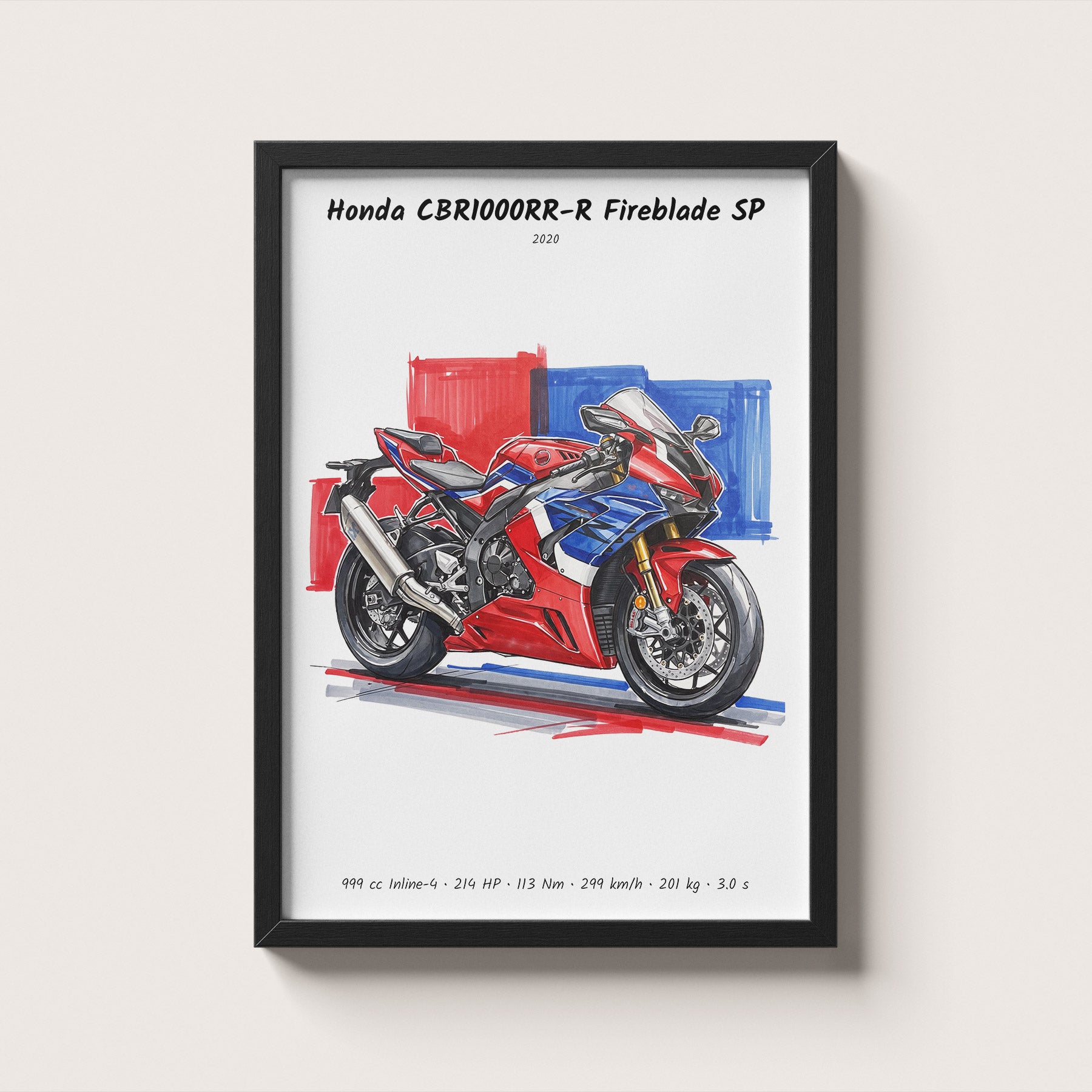 A framed art print of a red, white, and blue Honda CBR1000RR-R Fireblade SP motorcycle, displayed on a light beige wall.