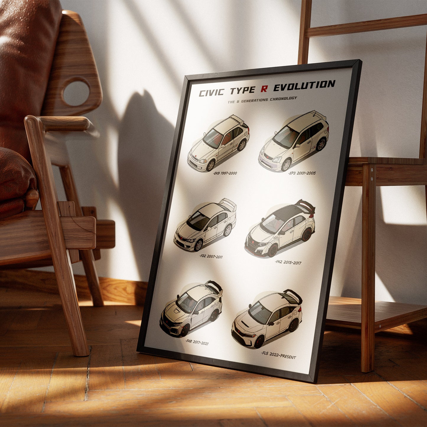 Framed poster of 'Civic Type R Evolution' displayed on a wooden floor with a chair in the background.
