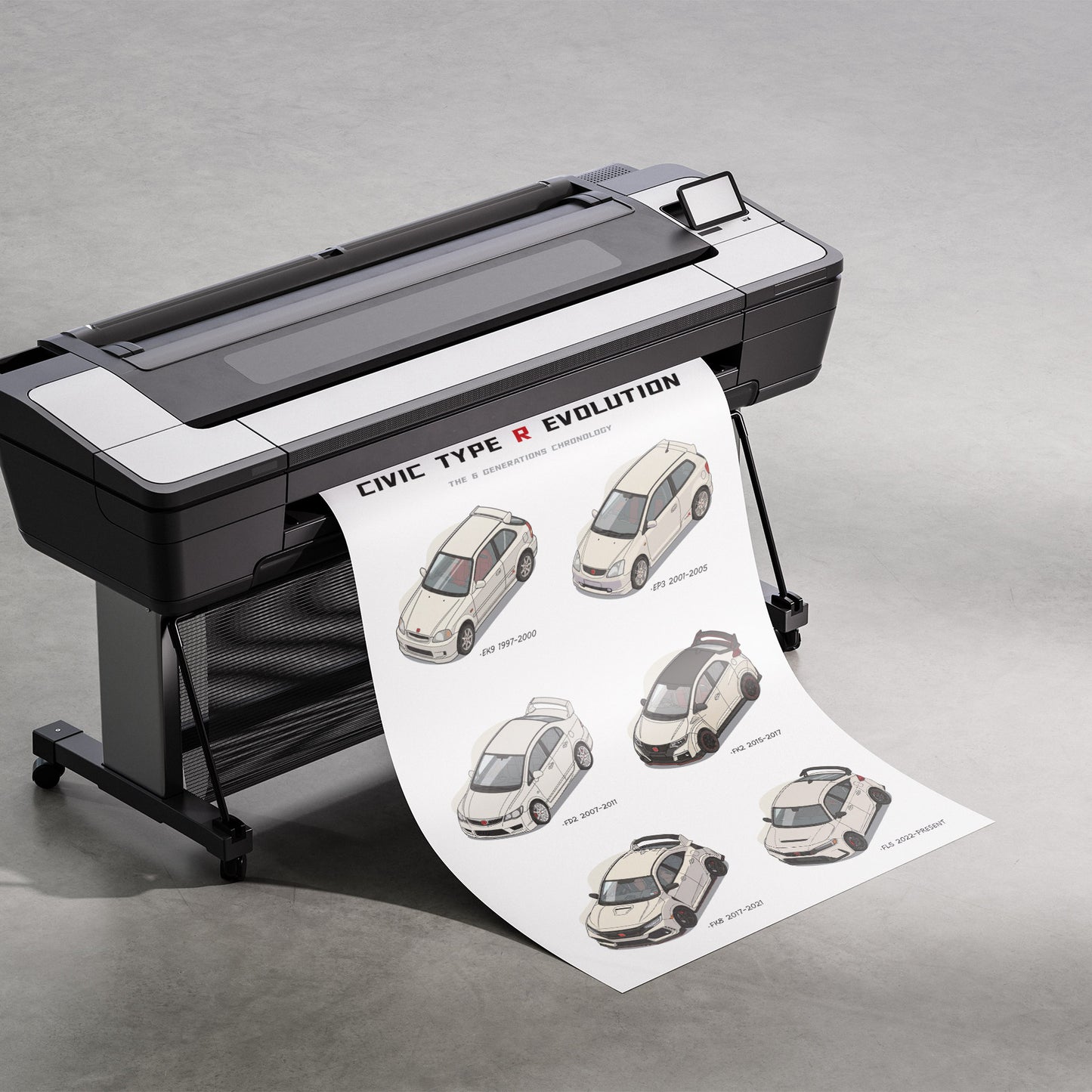 Large format printer with a printed sheet featuring car illustrations on a gray background