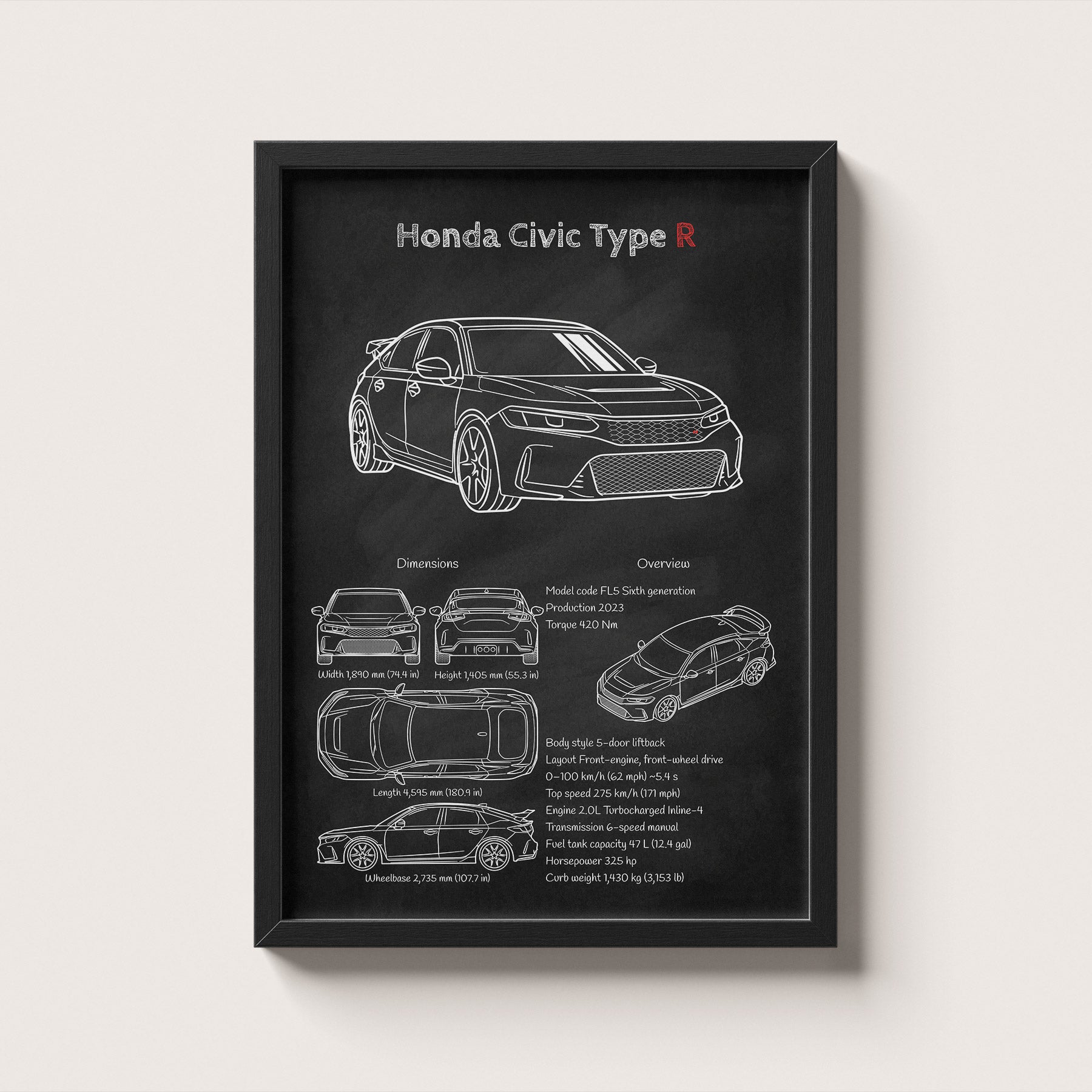 Framed poster of a Honda Civic Type R with technical drawings and specifications on a black background.