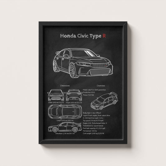 Framed poster of a Honda Civic Type R with technical drawings and specifications on a black background.