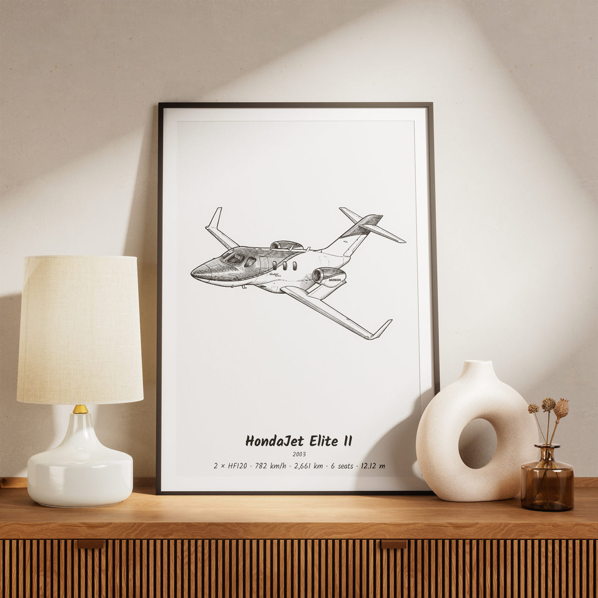 Framed HondaJet Elite II Print on a Shelf