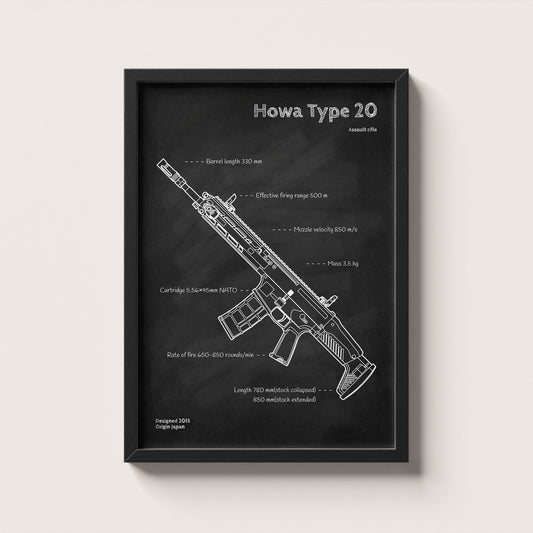 Framed Howa Type 20 blueprint poster - minimalist firearm wall art hanging on wall