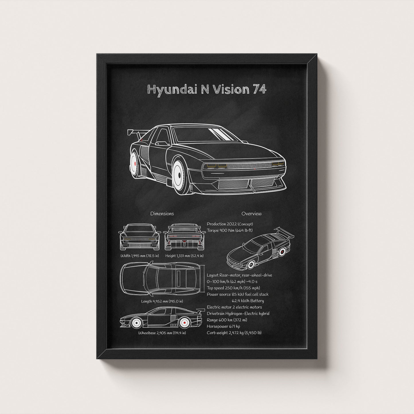 Framed Hyundai N Vision 74 blueprint poster hanging on wall – classic car engineering wall art
