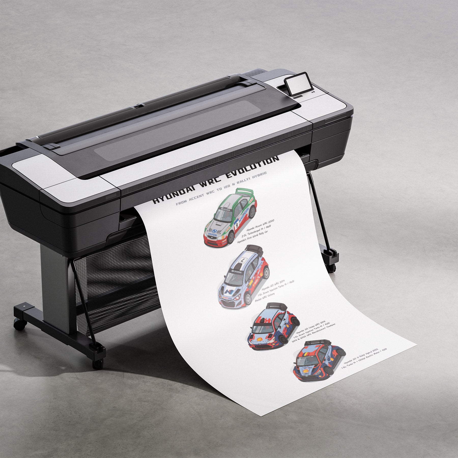 A large black and white wide-format printer on a gray studio floor, printing and releasing a long white sheet featuring illustrated vintage race cars and the text 'HYUNDAI WRC EVOLUTION'.