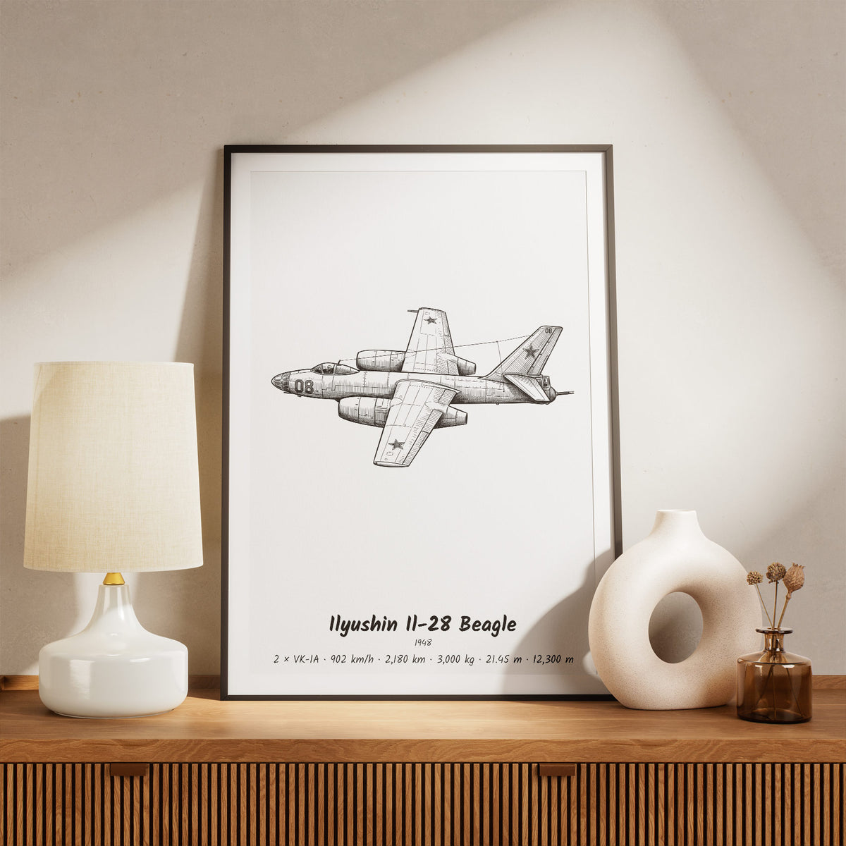 Framed Ilyushin Il-28 Beagle Print on a Shelf