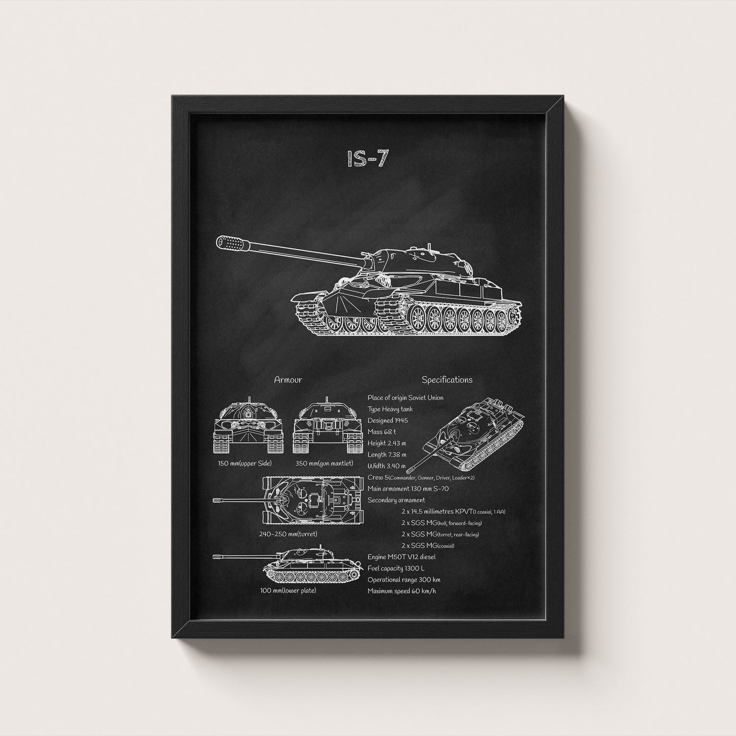 Framed IS-7 tank blueprint poster hanging on wall – military wall art for home or office