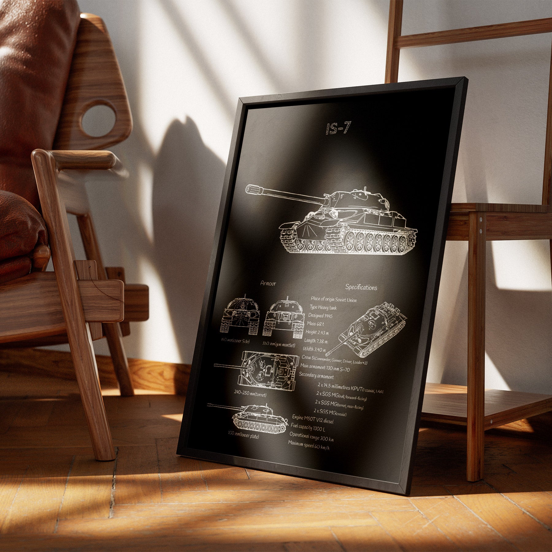 IS-7 tank blueprint poster leaning beside a chair – tank wall art in casual setting