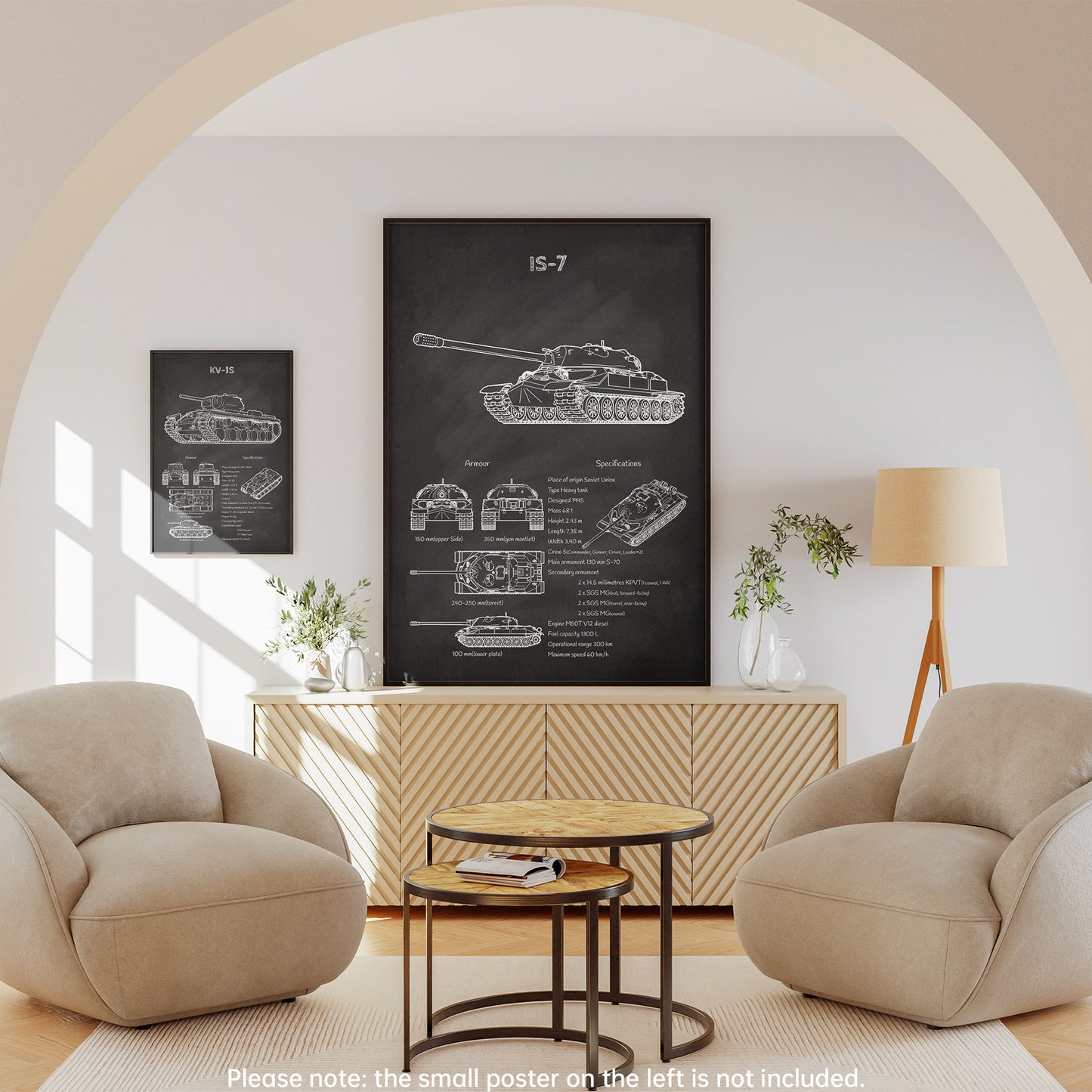 Framed IS-7 tank blueprint displayed in living room – military decor