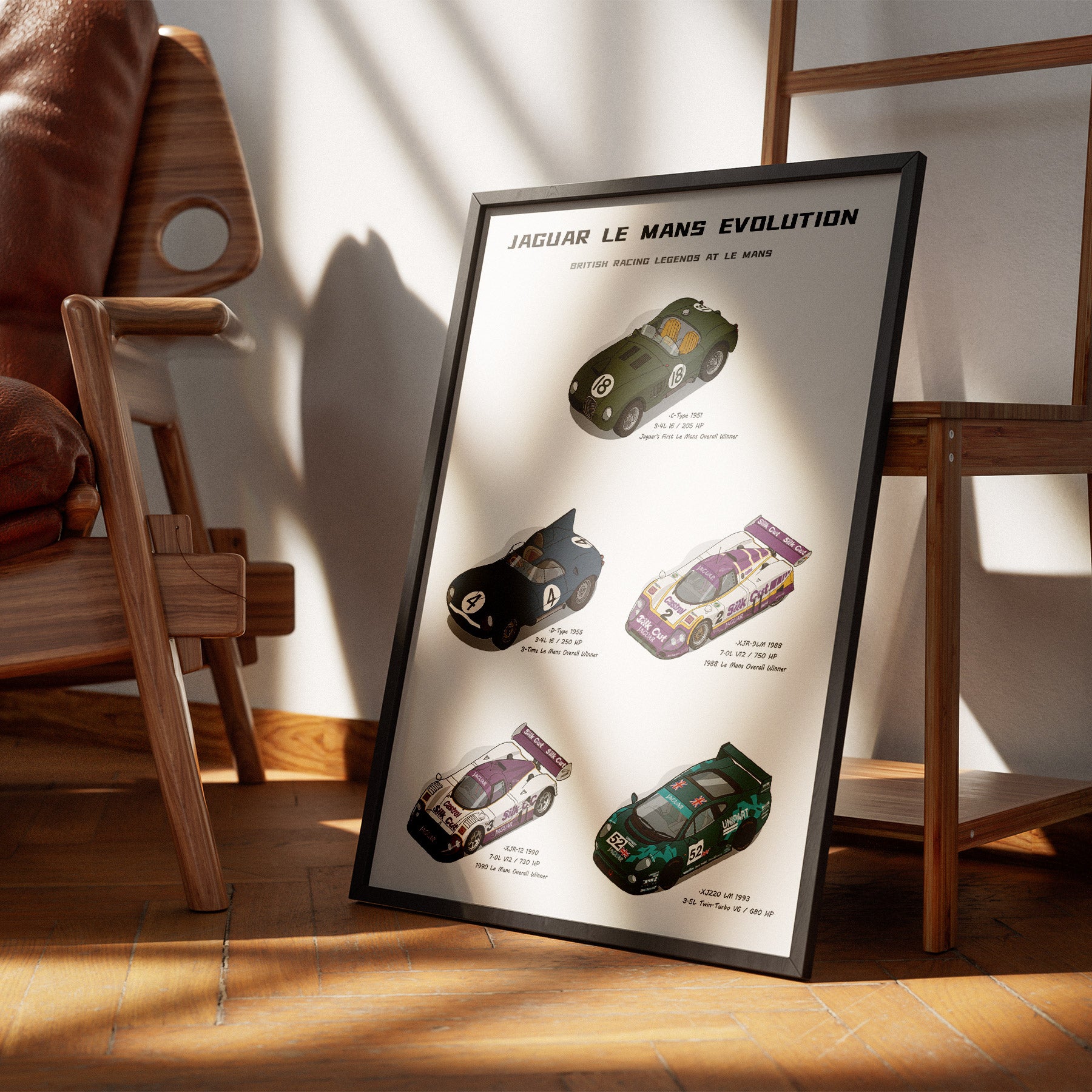 A framed poster titled 'Jaguar Le Mans Evolution' leaning against a wooden chair in a sunlit room. The poster shows four vintage race cars arranged vertically with small text labels.