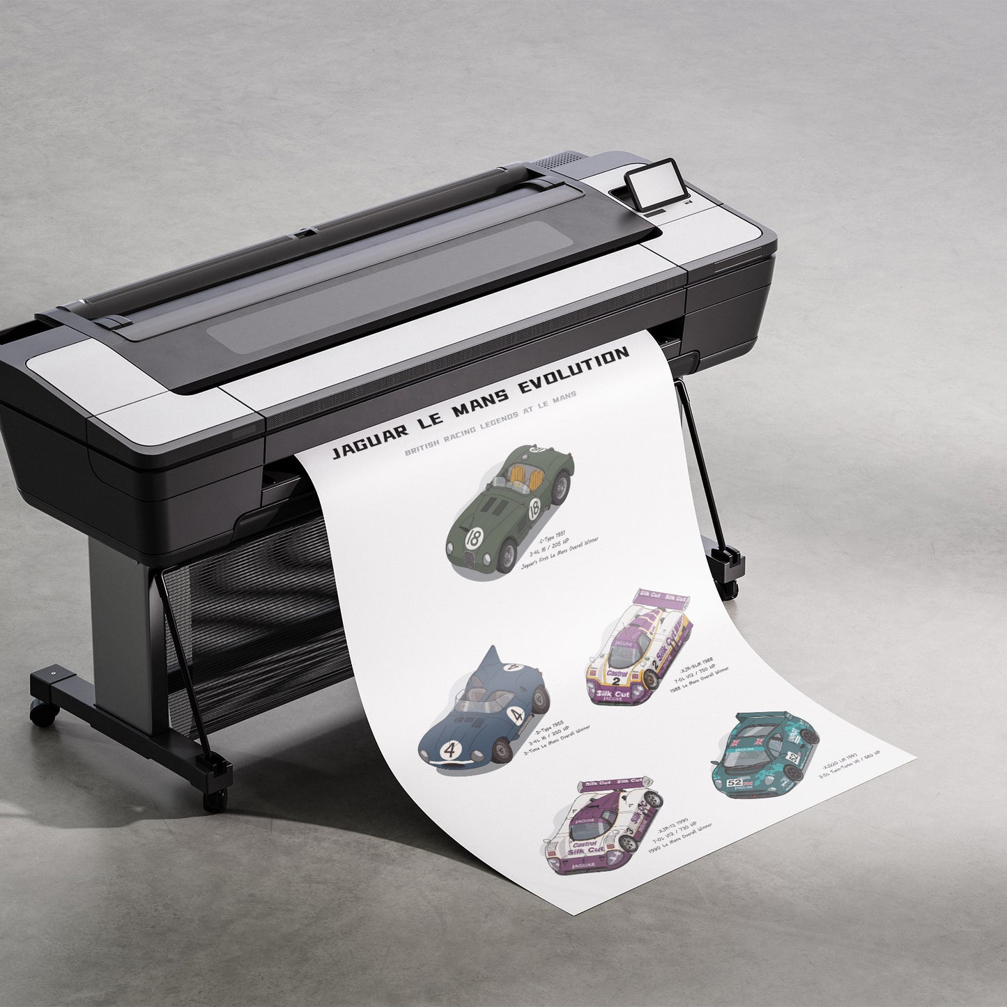 A large black and white wide-format printer on a stand, printing a long white sheet featuring illustrated vintage race cars and the text 'Jaguar Le Mans Evolution'.