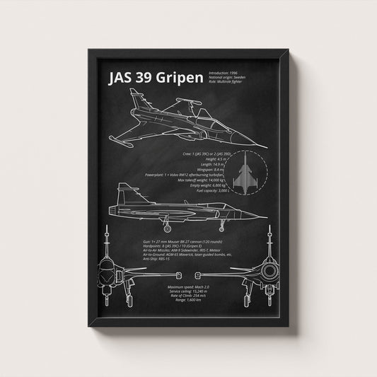 Framed poster of JAS 39 Gripen aircraft design on a white background