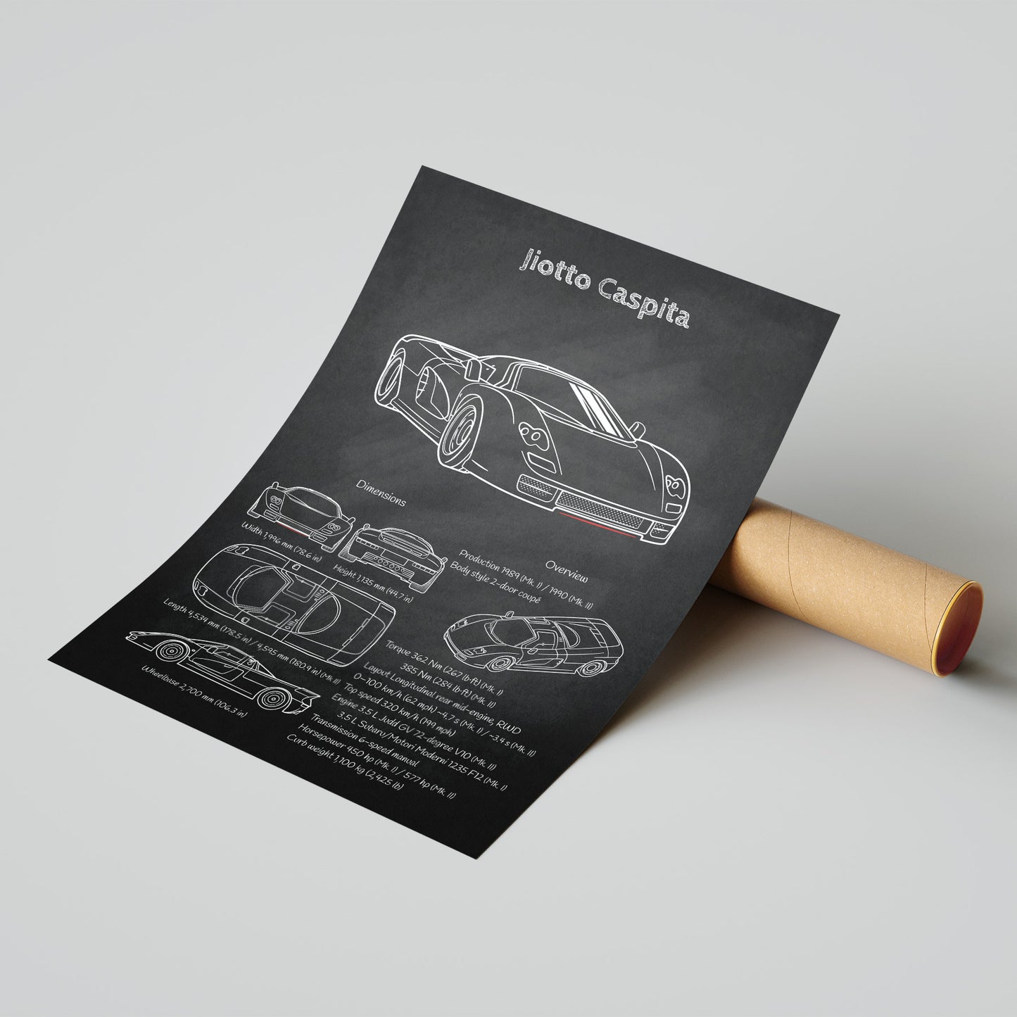 Jiotto Caspita concept car blueprint poster with mailing tube – ready-to-ship automotive wall decor