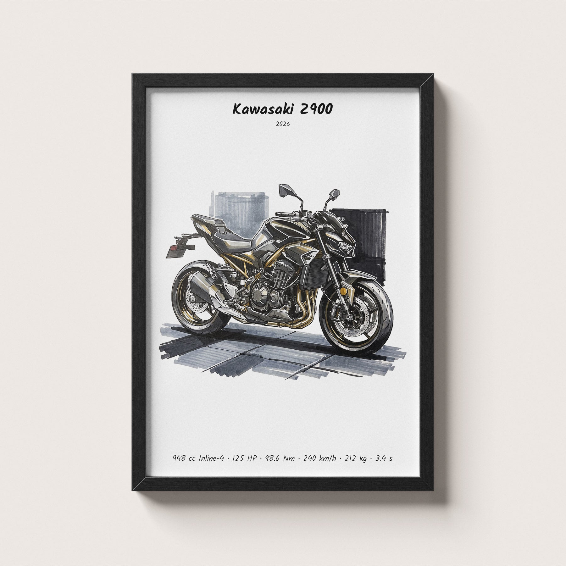 Kawasaki Z900 2026 Minimalist Motorcycle Wall Art