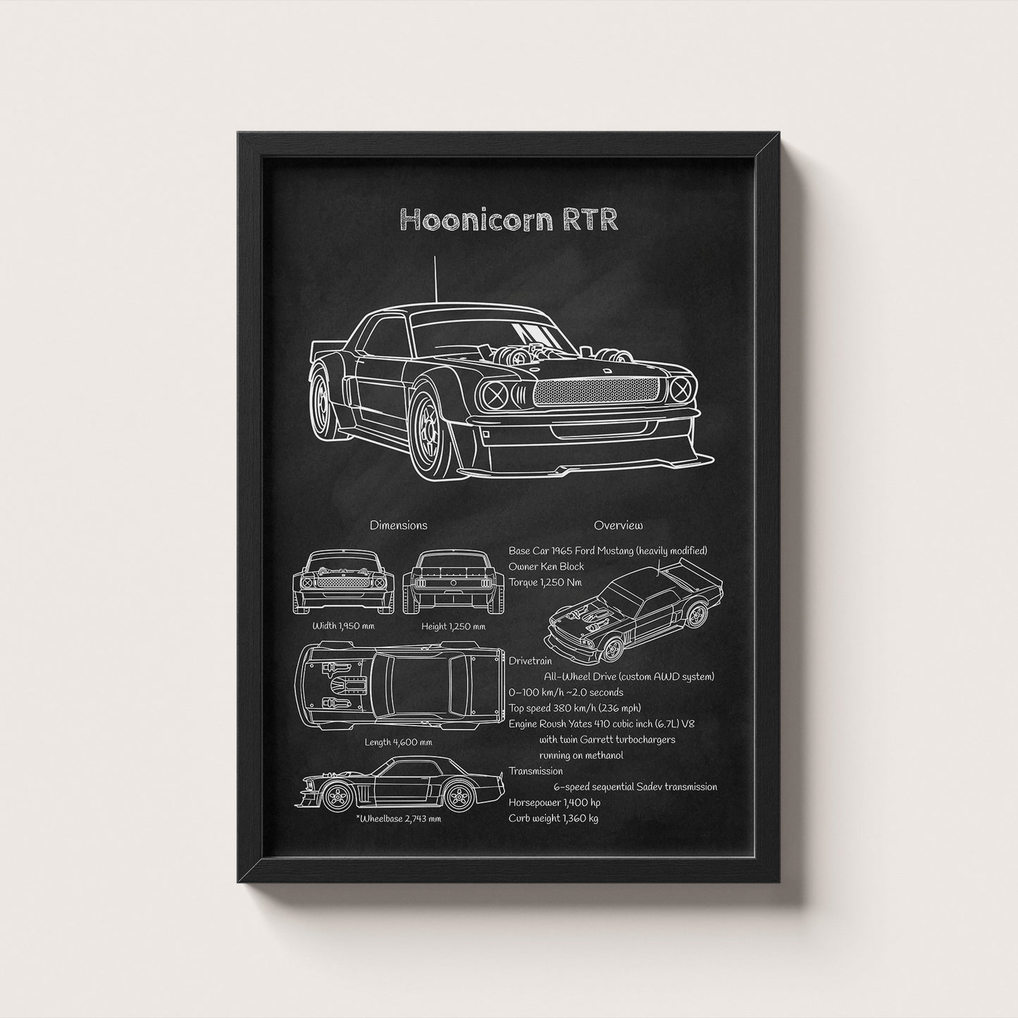 Framed Ken Block Ford Mustang Hoonicorn blueprint poster hanging on wall – classic car engineering wall art