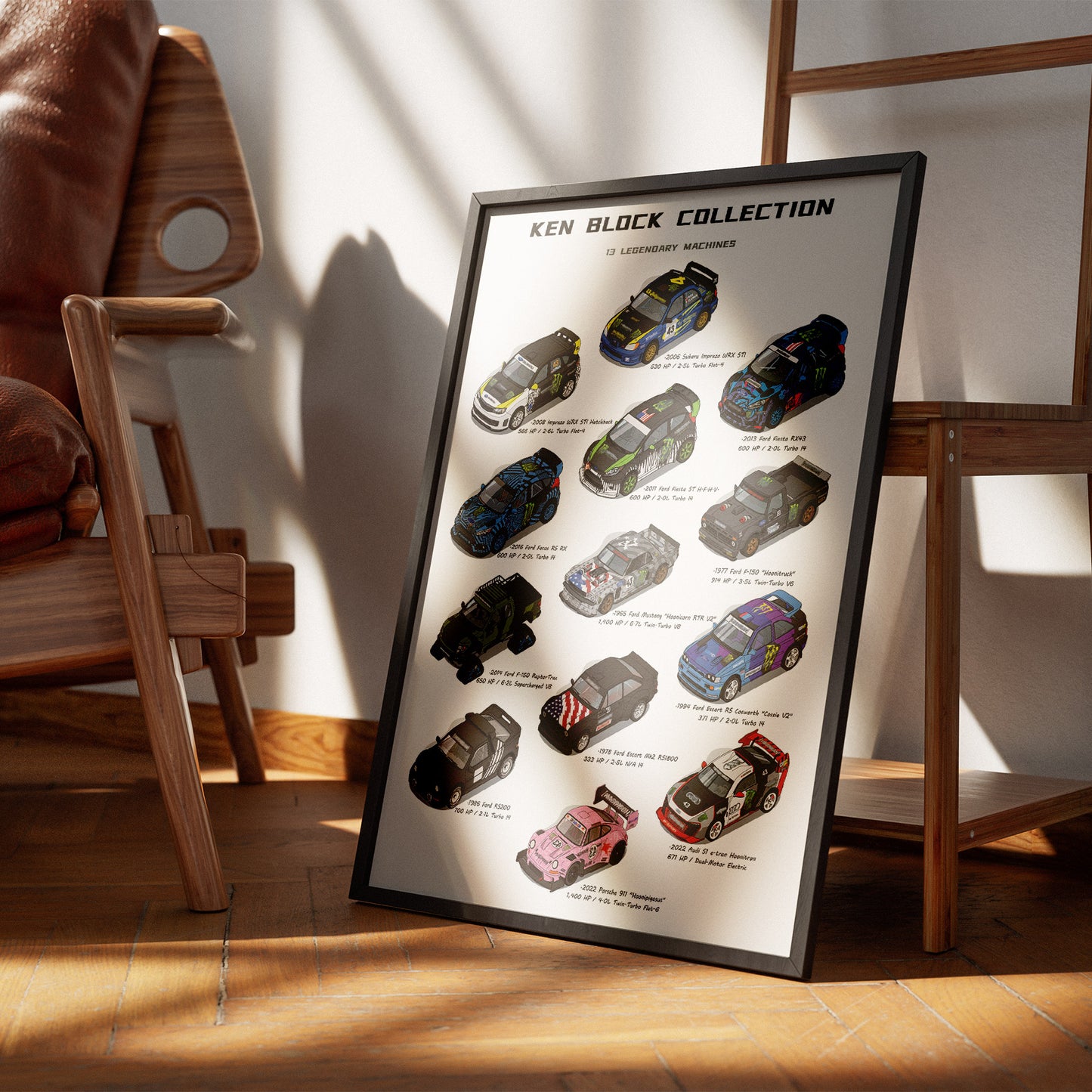 A framed poster titled 'KEN BLOCK COLLECTION' leaning against a wooden chair in a sunlit room. The poster shows multiple illustrated race cars with names and small labels on a white background, enclosed in a black frame.