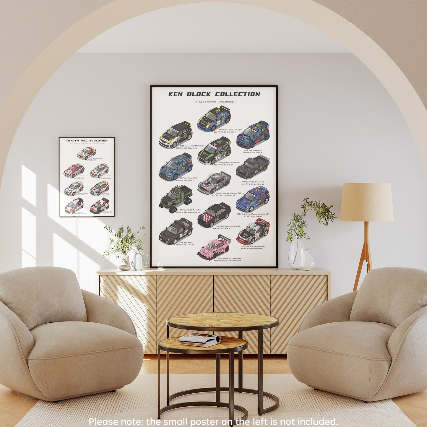 A framed vertical art print titled 'KEN BLOCK COLLECTION' hangs on a light gray wall in a modern living room setting with two beige armchairs, a wooden cabinet, and a floor lamp. The print features multiple vintage race cars in a technical illustration style.