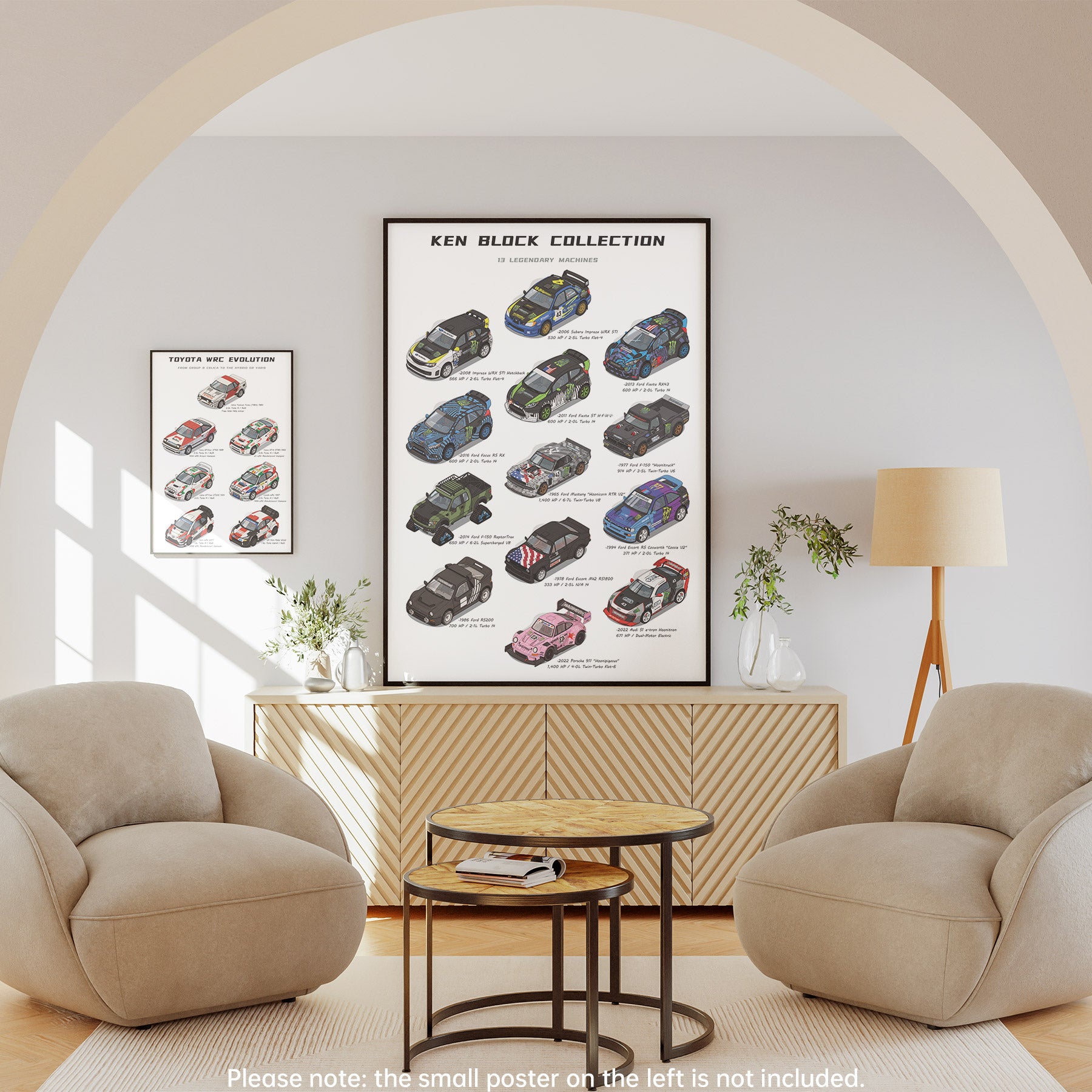 A framed vertical art print titled 'KEN BLOCK COLLECTION' hangs on a light gray wall in a modern living room setting with two beige armchairs, a wooden cabinet, and a floor lamp. The print features multiple vintage race cars in a technical illustration style.