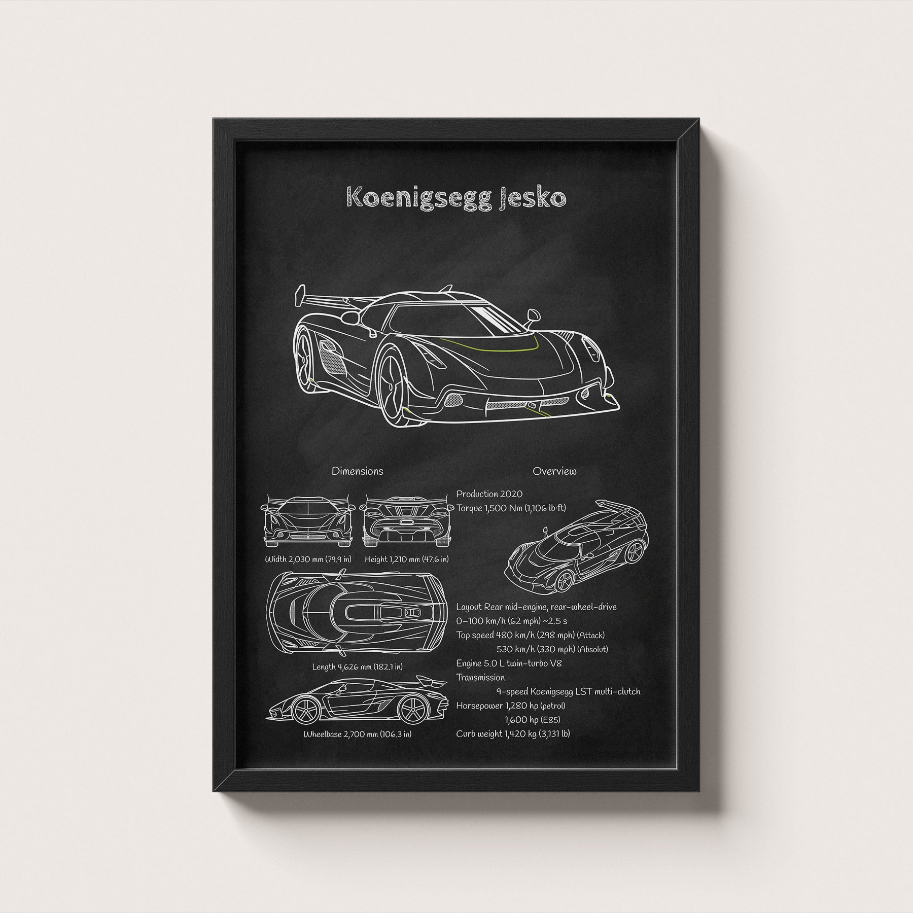 Framed Koenigsegg Jesko blueprint poster hanging on wall – classic car engineering wall art