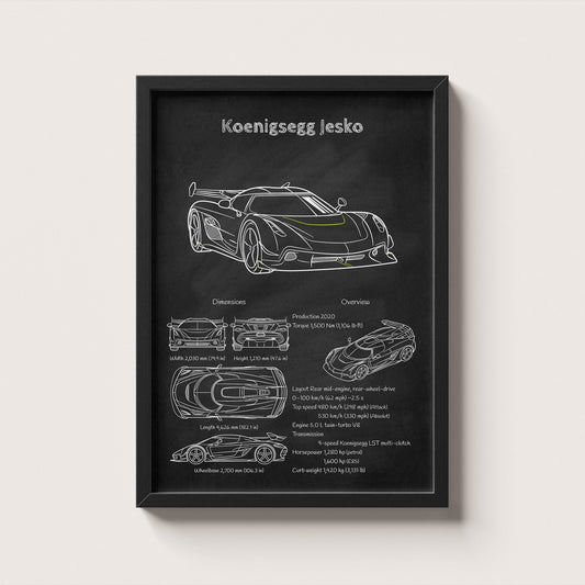 Framed Koenigsegg Jesko blueprint poster hanging on wall – classic car engineering wall art