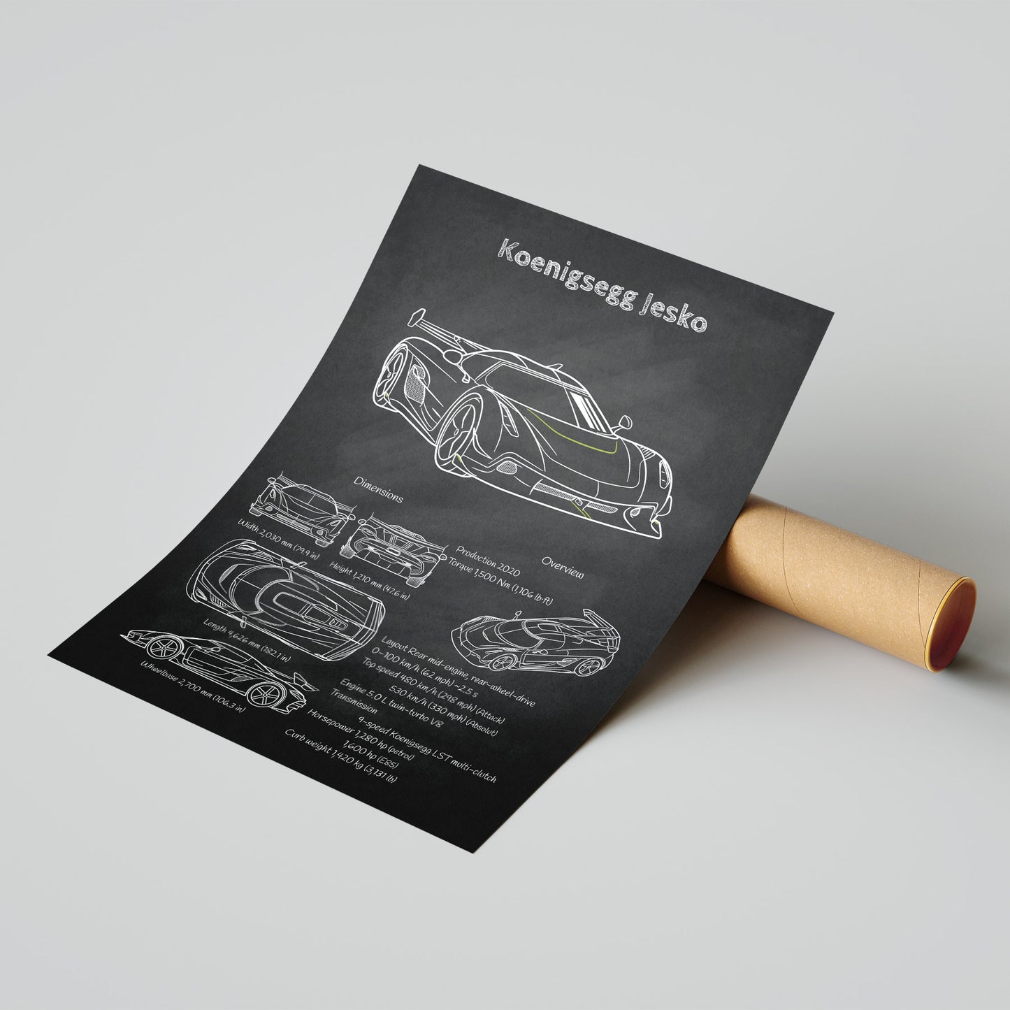 Roll of paper with Koenigsegg Jesko design on a gray background