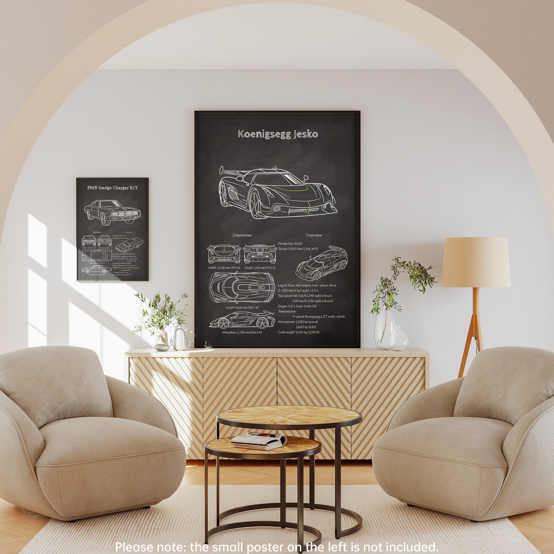 Living room with beige armchairs, a coffee table, and a wall with Koenigsegg Jesko poster.