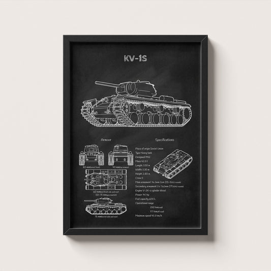 Framed KV-1S tank blueprint poster hanging on wall – military wall art for home or office