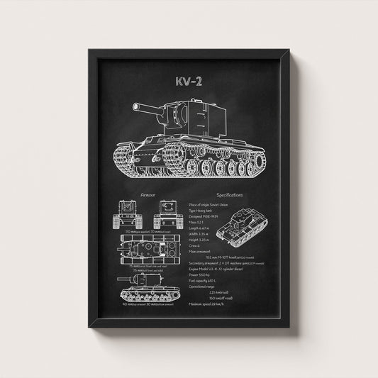 Framed KV-2 tank blueprint poster hanging on wall – military wall art for home or office