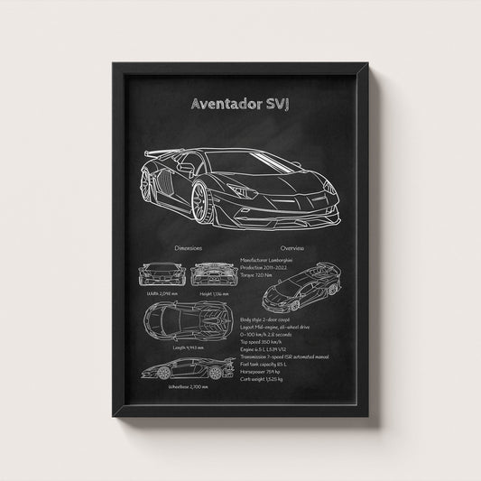 Framed poster of a Lamborghini Aventador SVJ with technical drawings on a black background.