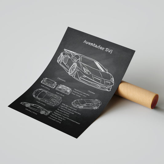 Car blueprint poster for Aventador SVJ on a gray background