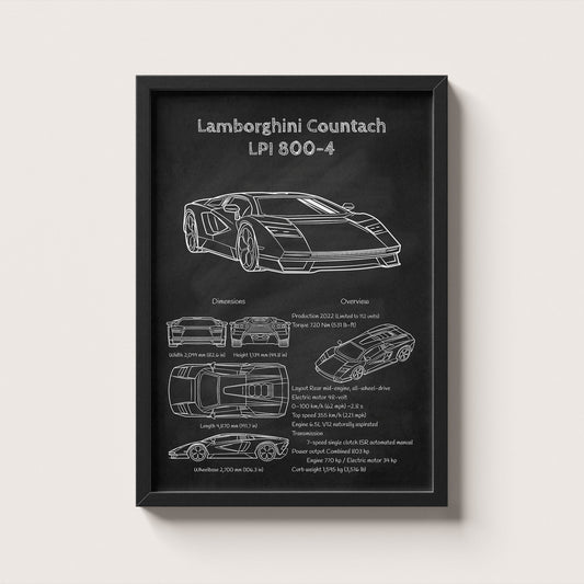 Framed poster of a Lamborghini Countach LPI 800-4 on a white background