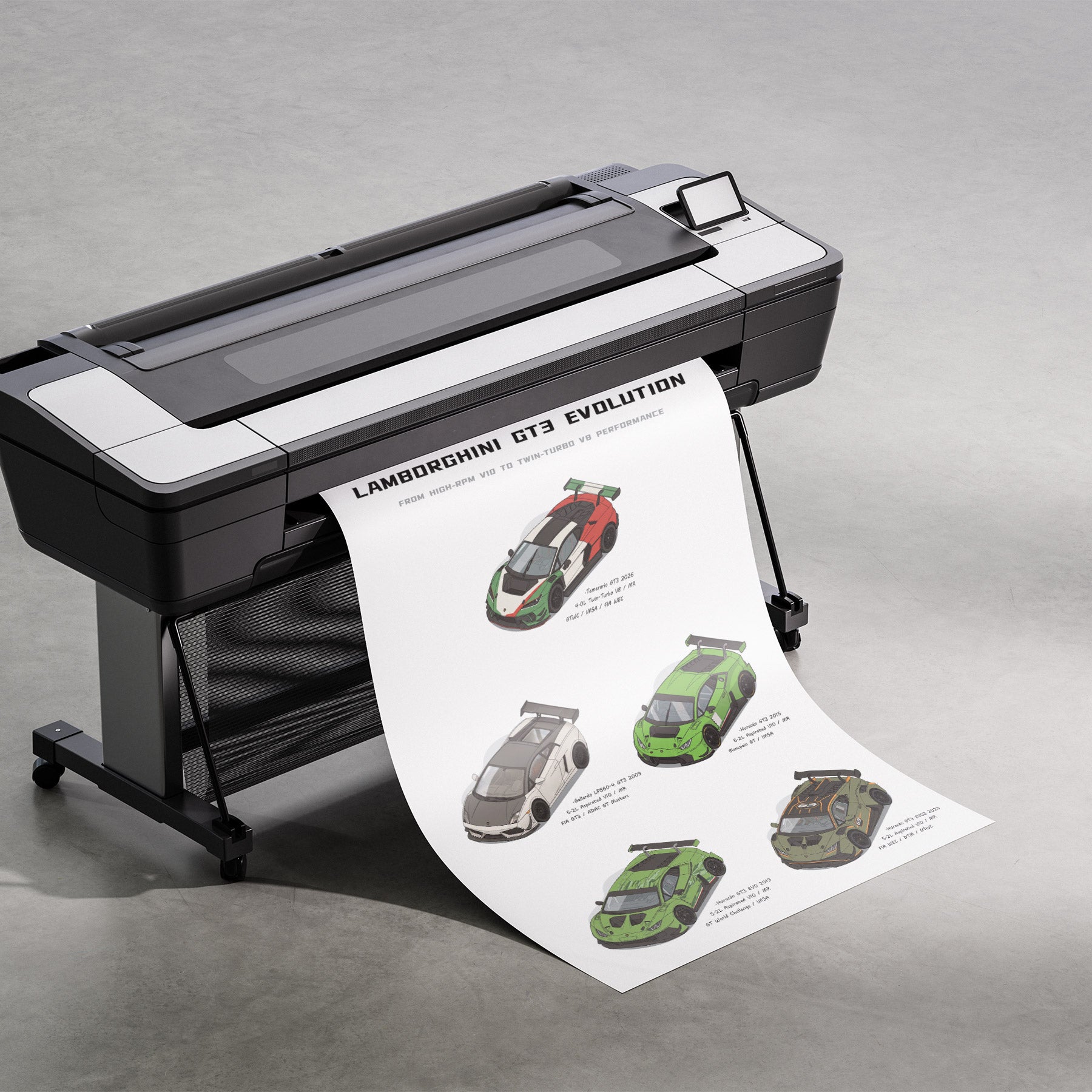 Large format printer with a printed sheet titled 'Lamborghini GT3 Evolution Poster' featuring car illustrations.