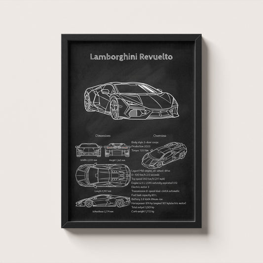 Framed poster of a Lamborghini Revuelto with technical drawings and specifications on a black background.