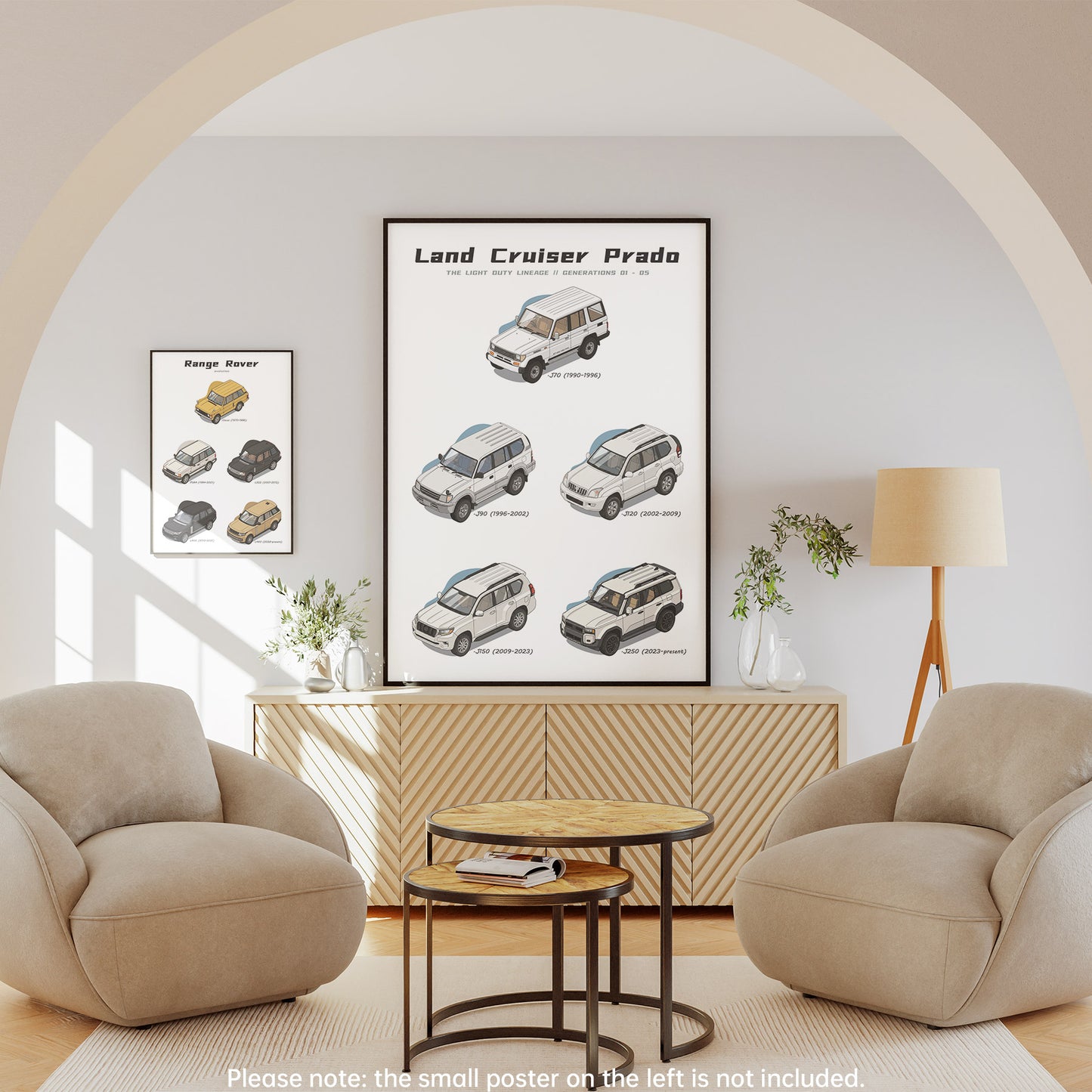 Living room with a Land Cruiser Prado evolution poster on the wall, beige armchairs, and a coffee table.