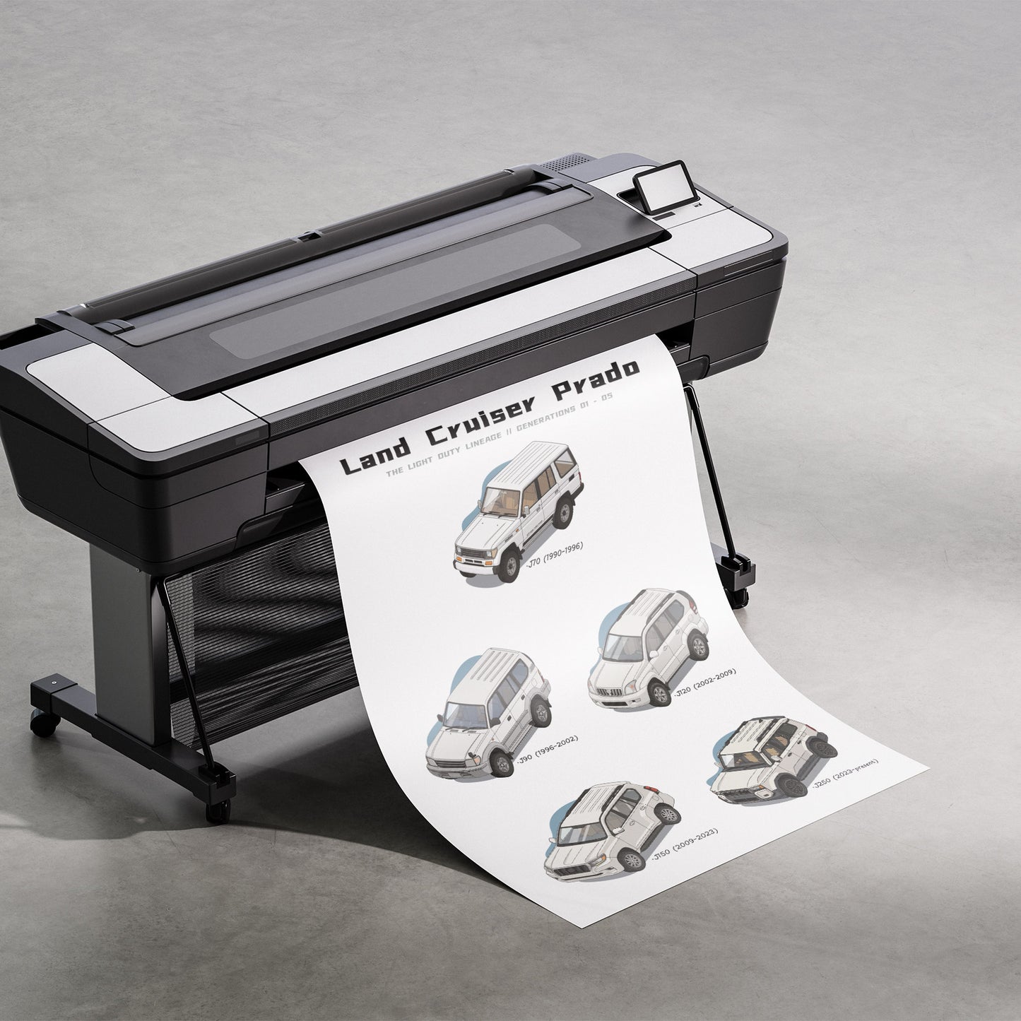 Large format printer with a printed sheet of Land Cruiser Prado images on a gray background