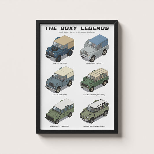 Framed poster titled 'The Boxy Legends' featuring illustrations of Land Rover models on a white background.