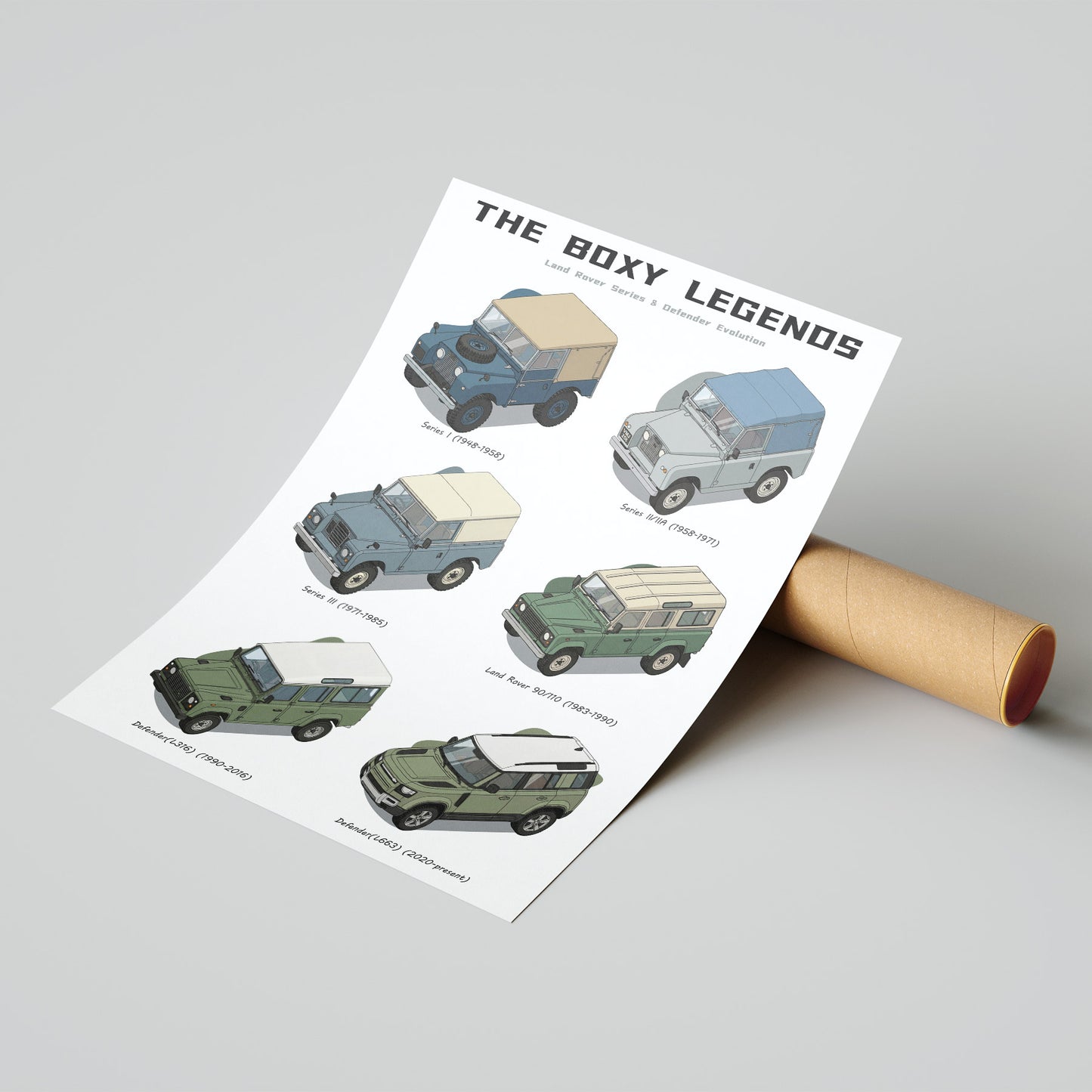 Sheet of 'The Boxy Legends' car illustrations with a cardboard tube on a gray background