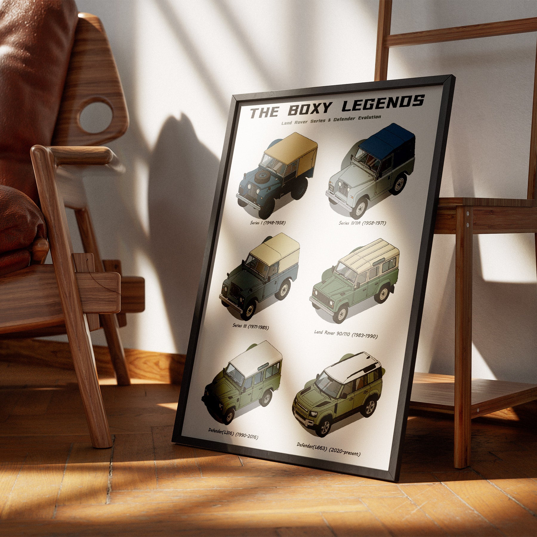 Framed poster titled 'The Boxy Legends' with images of vintage cars on a wooden floor.