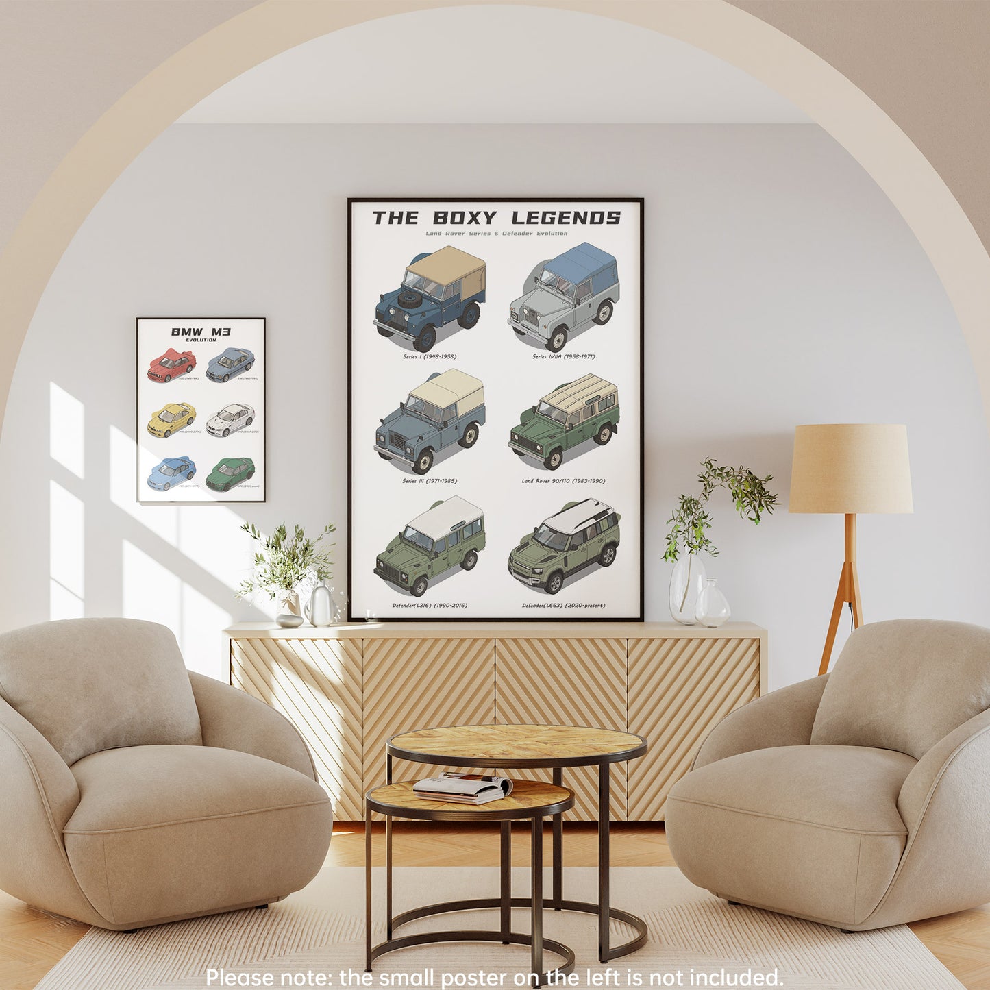 Living room with a wall displaying a poster titled 'The Boxy Legends' featuring vintage cars.