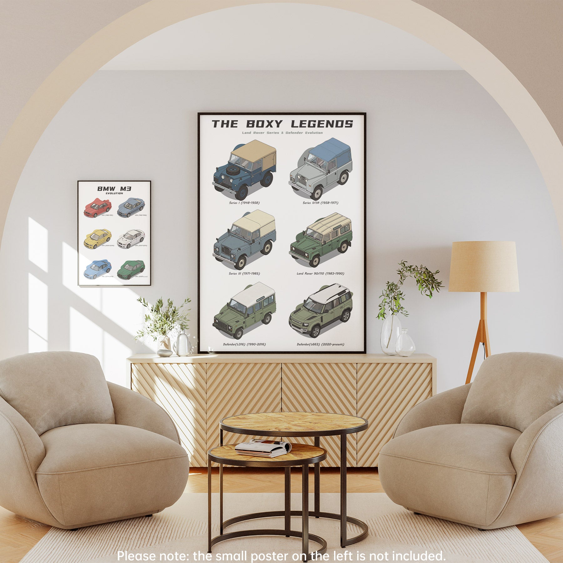 Living room with a wall displaying a poster titled 'The Boxy Legends' featuring vintage cars.