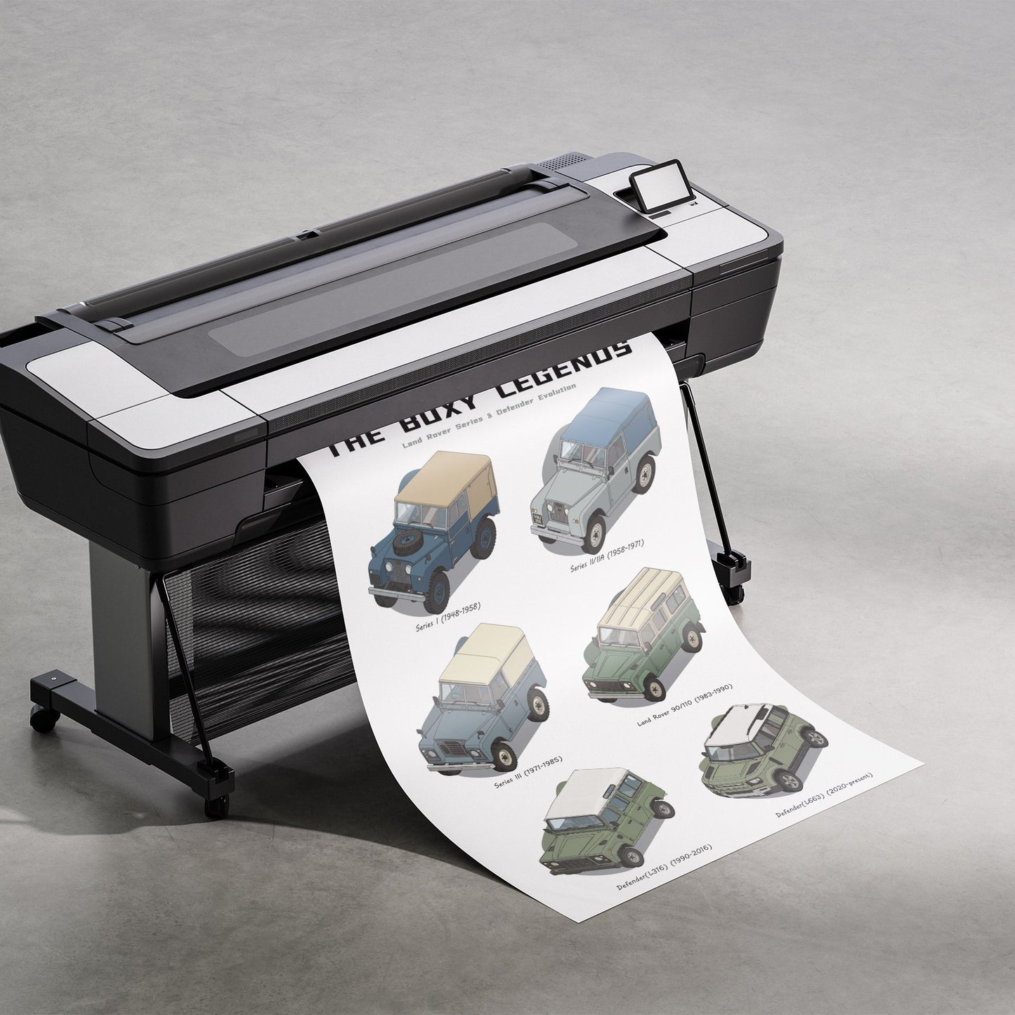 Large format printer with a sheet of printed designs on a gray background