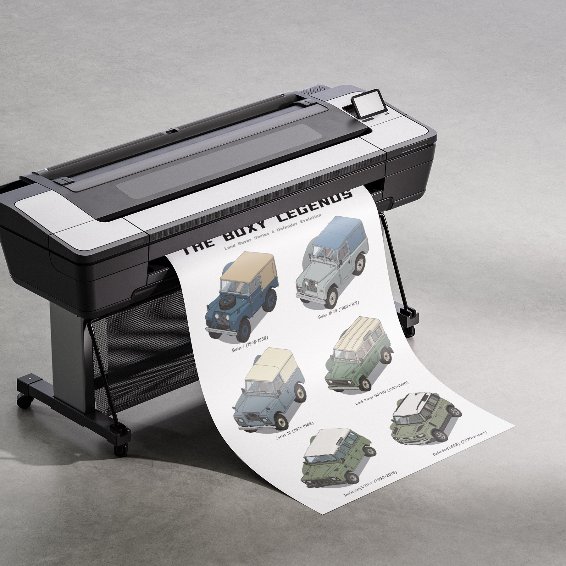 Large format printer with a sheet of printed designs on a gray background