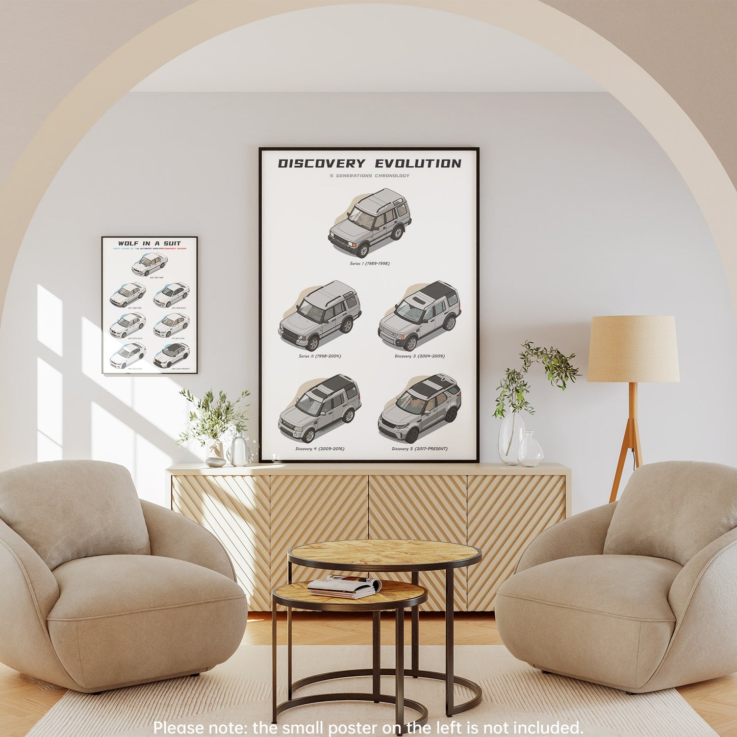 Living room with 'Discovery Evolution' poster on the wall