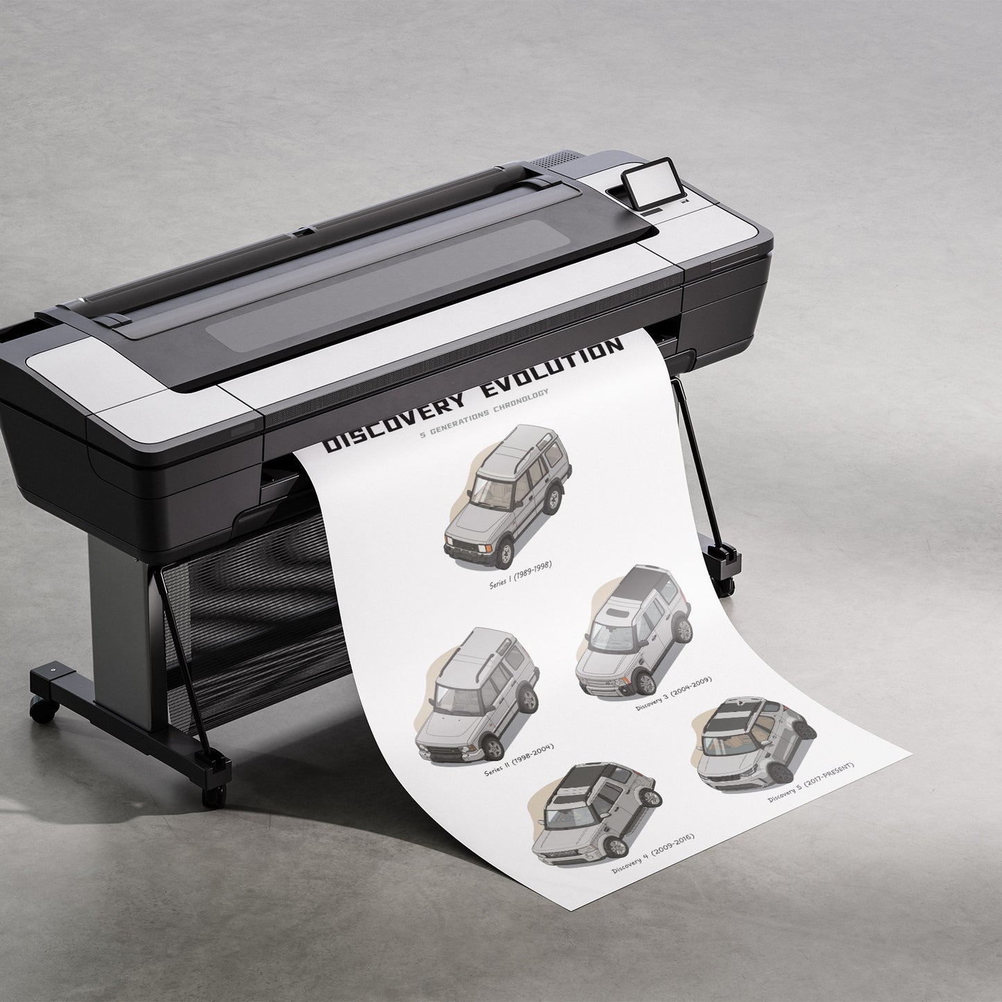 Large printer with a sheet of paper displaying Land Rover Discovery illustrations on a gray background